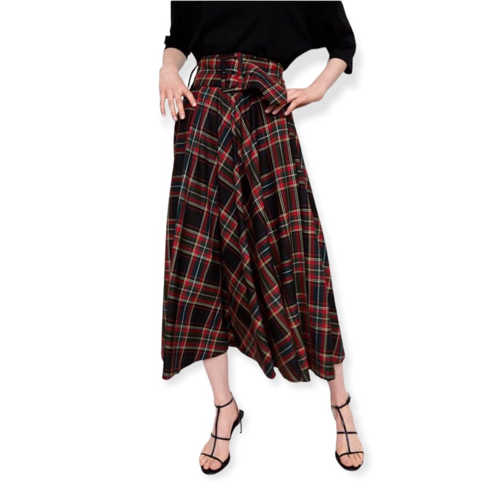 Zara Tartan Plaid High Waist Belted Midi Skirt Red/Black size Medium